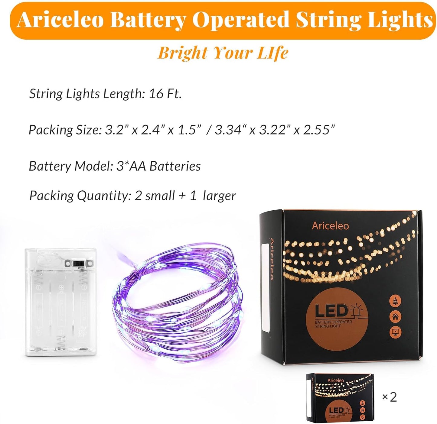 Led Fairy Lights Battery Operated, 2 Packs Mini Battery Powered Copper Wire Starry Fairy Lights for