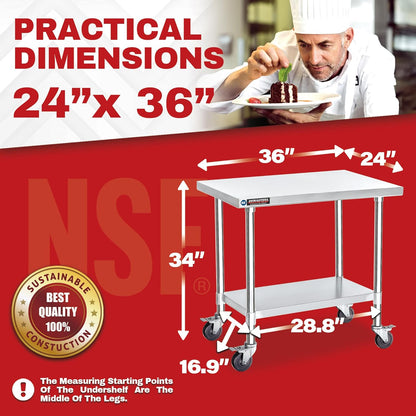 DuraSteel 24x36 NSF Stainless Steel Cart - Heavy Duty Rolling Food Prep Table with Undershelf