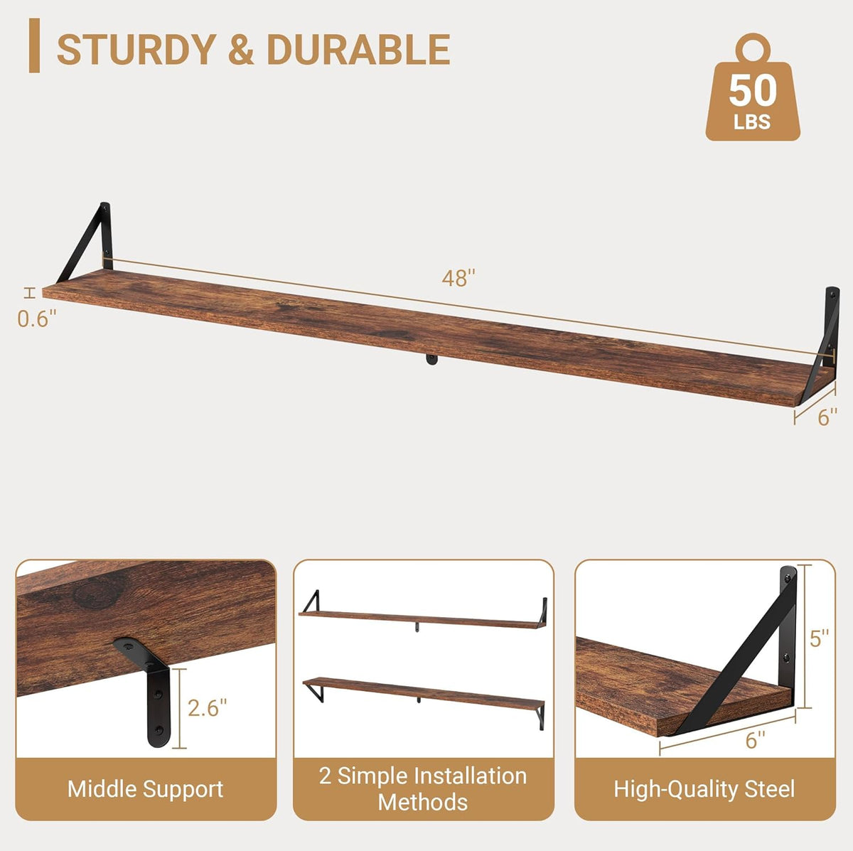 Heimlove 48 Inch Large Wall Bookshelves Set of 3, Wall Mounted Bookshelves,Heavy Duty Wooden