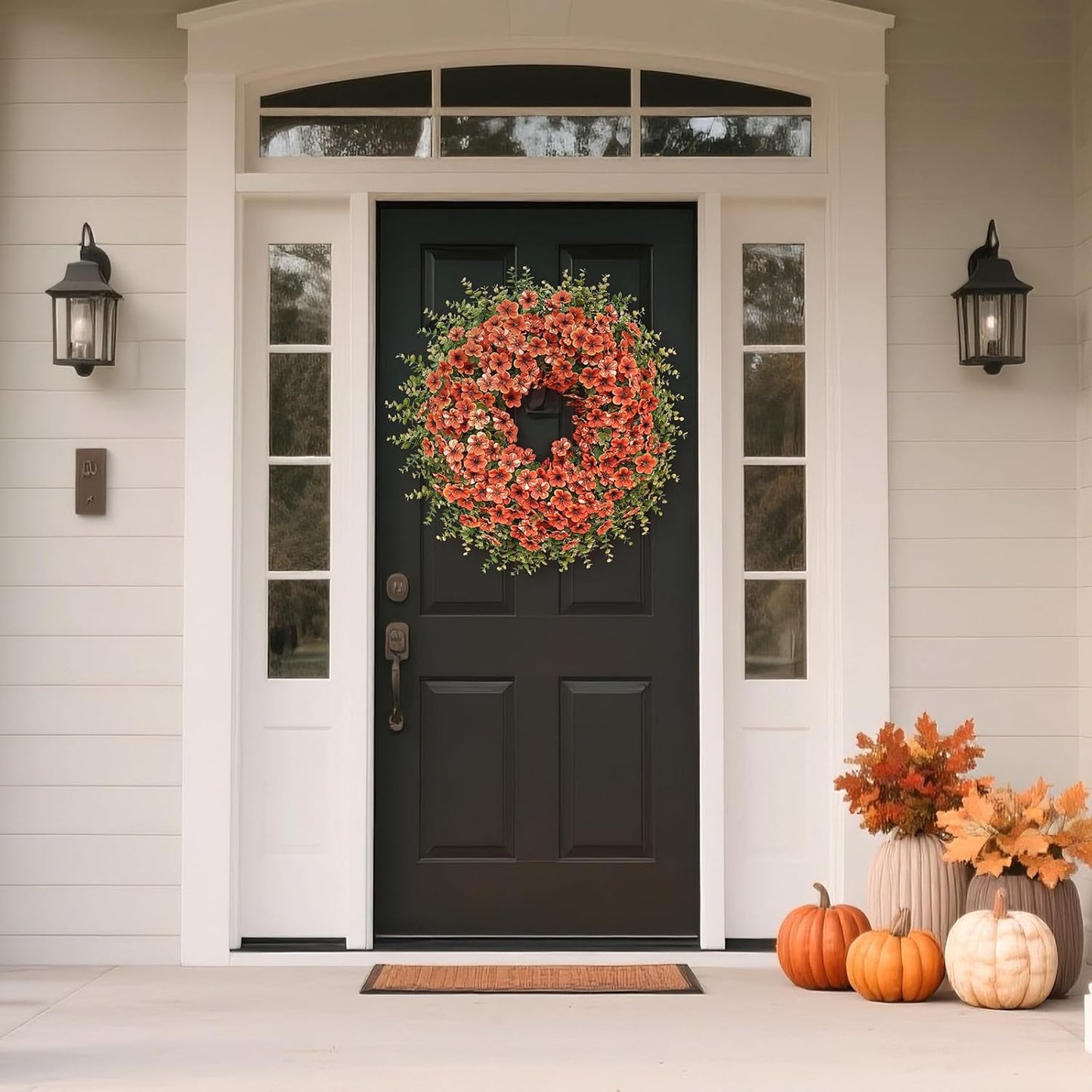 26" Fall Wreath for Front Door, Porch, Window - Large Artificial Boxwood Leaves with Fake Daisy