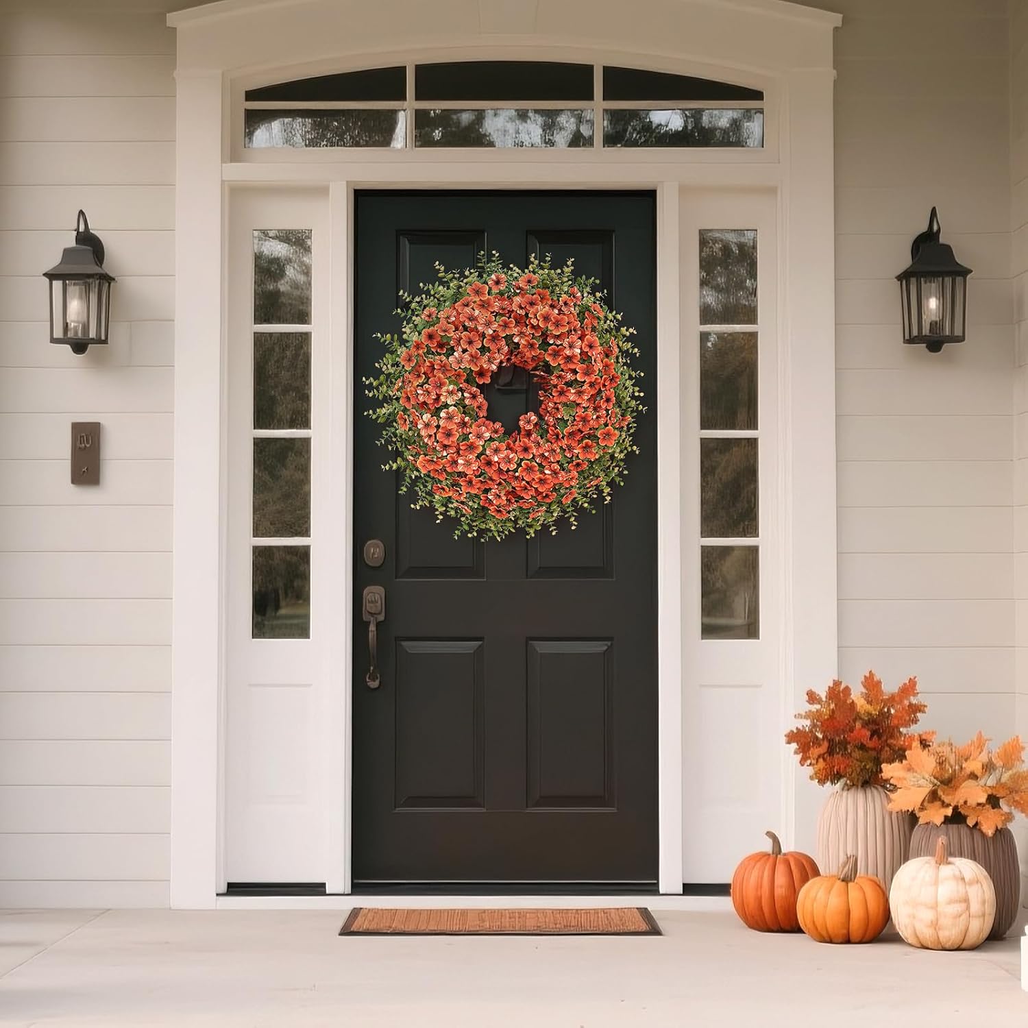 26" Fall Wreath for Front Door, Porch, Window - Large Artificial Boxwood Leaves with Fake Daisy