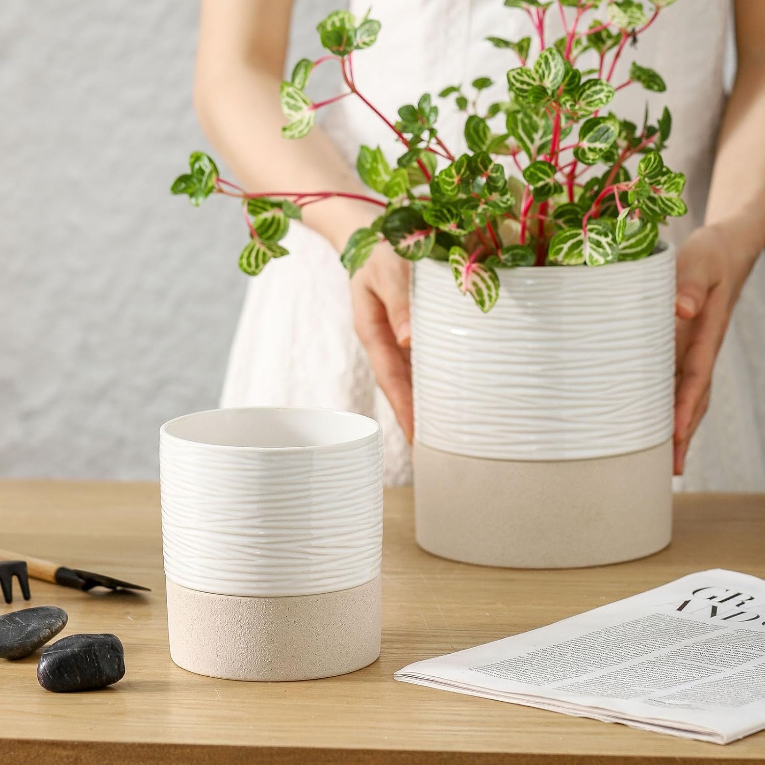 Nihow Self Watering Plant Pot: 4.5 Inch Ceramic Planter with Drainage Hole & Water Storage Plus for