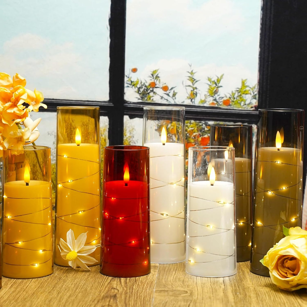 Flickering Flameless LED Candles,Battery Operated Candles 9 Pcs with Embedded Star String,Acrylic