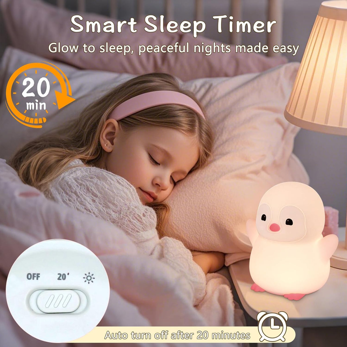 Pink Penguin Night Light,Food Grade Soft Silicone Nursery Nightlight for Baby,LED Squishy Novelty