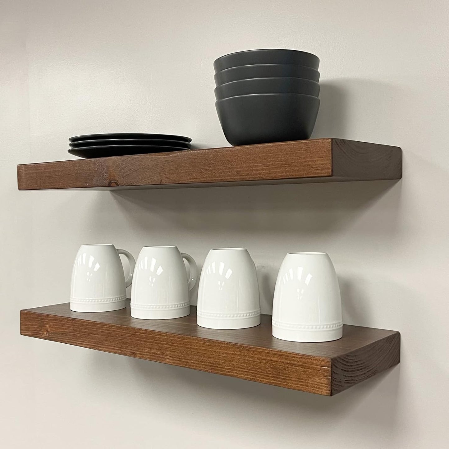 URBANDI, Rustic Floating Shelves, Set of 2, Hidden Bracket, Solid Wood, Heavy Duty, Wall Mounted