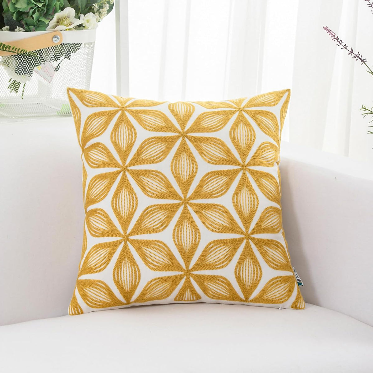 HWY 50 Yellow Decorative Throw Pillow Covers 18x18 Inch (1 Piece), Embroidered Cotton Farmhouse