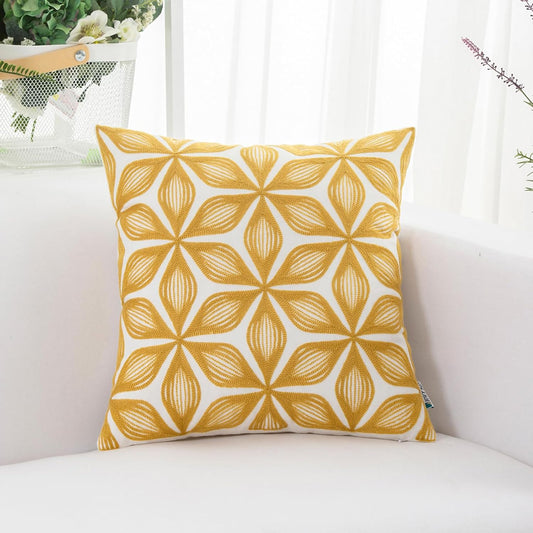HWY 50 Yellow Decorative Throw Pillow Covers 18x18 Inch (1 Piece), Embroidered Cotton Farmhouse