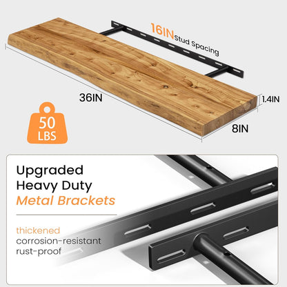 Floating Shelves for Wall, 36" Live Edge Solid Elm Wood Floating Shelf, Wall-Mounted Display