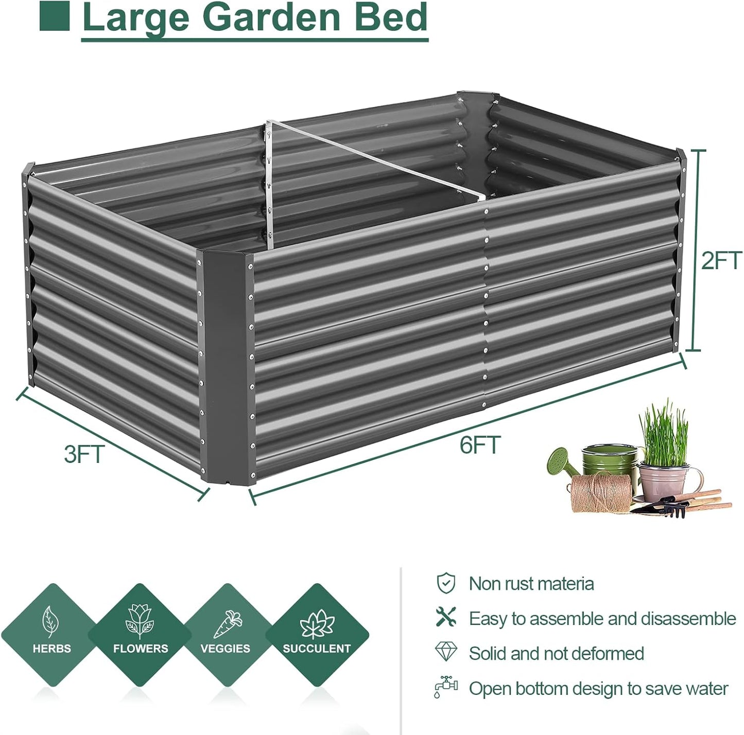 Land Guard 6×3×2 ft Galvanized Raised Garden Bed Kit, Galvanized Planter Raised Garden Boxes