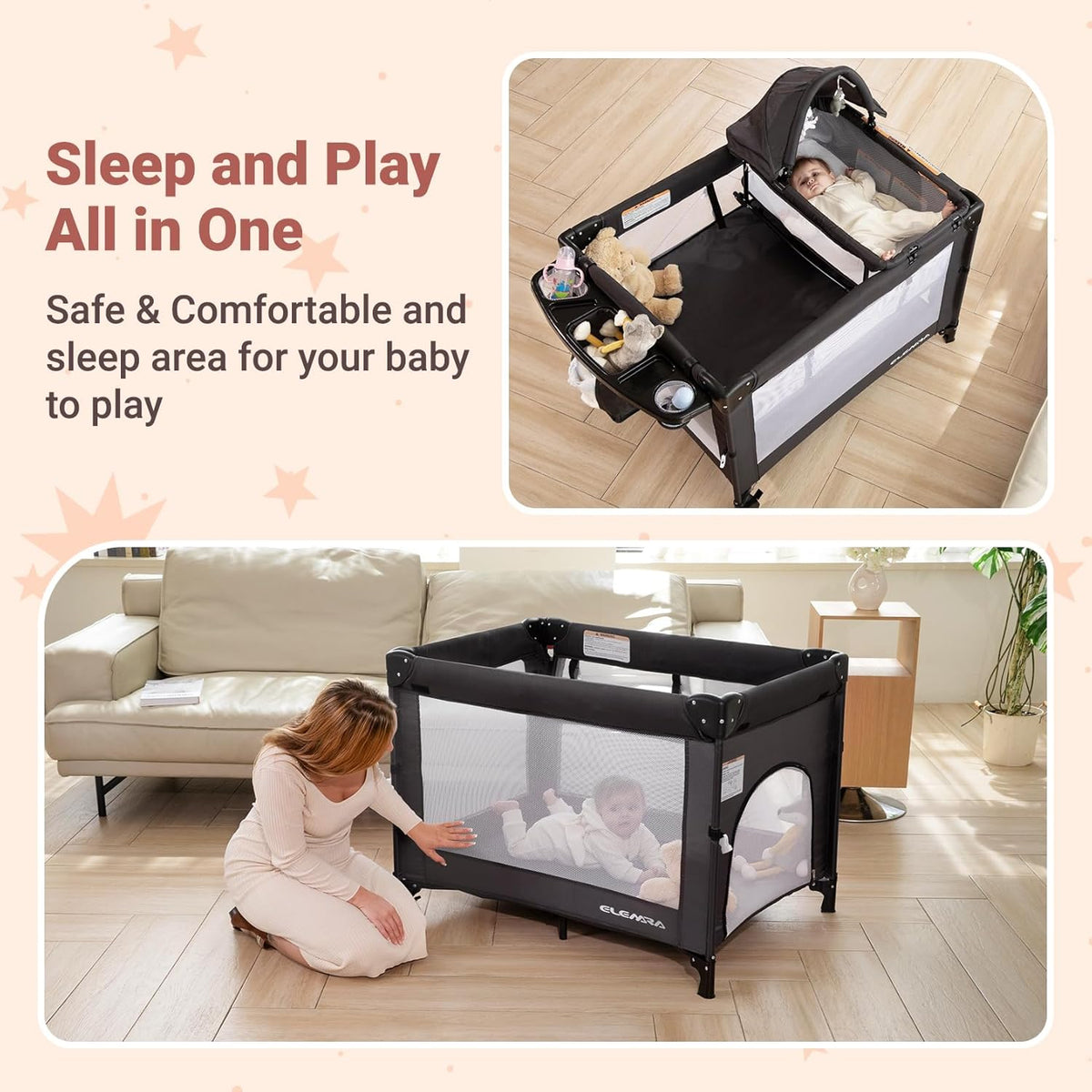 ELEMARA 5 in 1 Pack and Play, Adjustable Baby Bedside Bassinet Sleeper,1-Second Setup Foldable