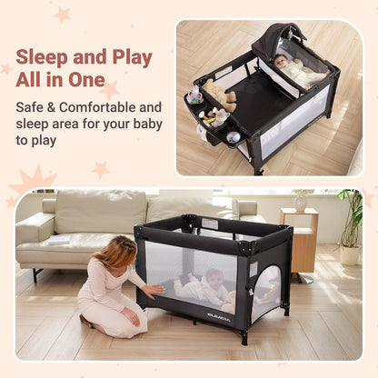 ELEMARA 5 in 1 Pack and Play, Adjustable Baby Bedside Bassinet Sleeper,1-Second Setup Foldable