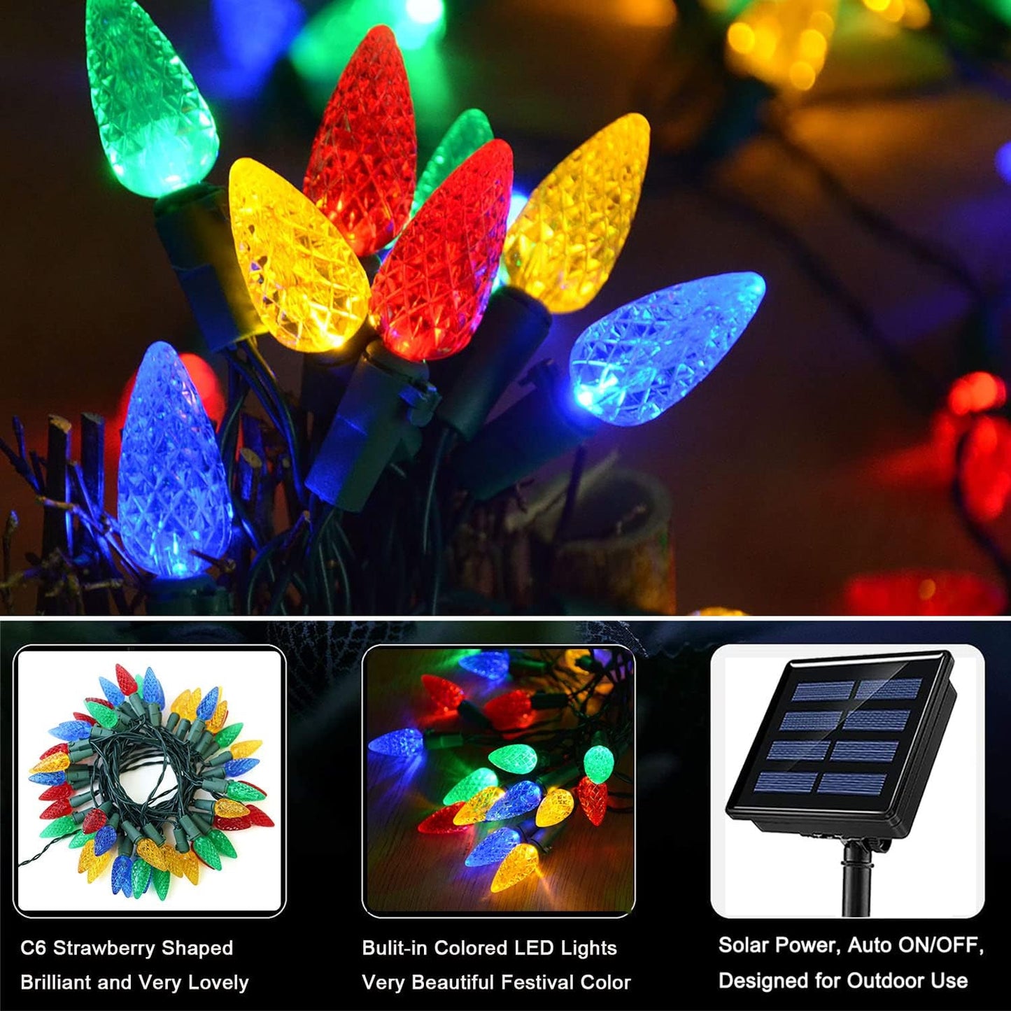 HUGSVIK 39Ft 100 LED Solar Christmas Lights Outdoor, 8 Modes C6 Strawberry Lights, Waterproof