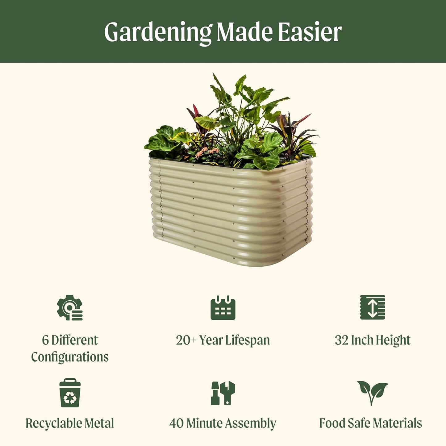 Vego garden 32" Extra Tall Raised Garden Bed Kits, 6 in 1 Modular Raised Planter Box for Vegetables