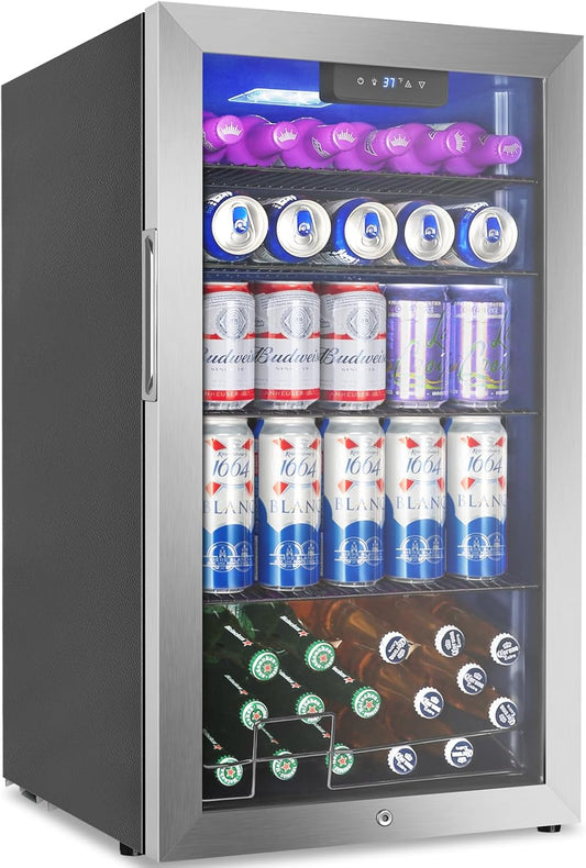 Beverage Refrigerator Cooler, 128 Cans Mini Fridge Glass Door for Drink Beer Soda Wine, 3.2 Cu.Ft