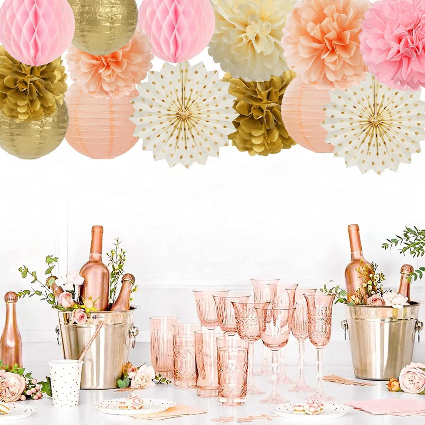 Pink Peach Gold Party Decorations - 14pcs Bridal Baby Shower Girls Birthday Paper Lanterns