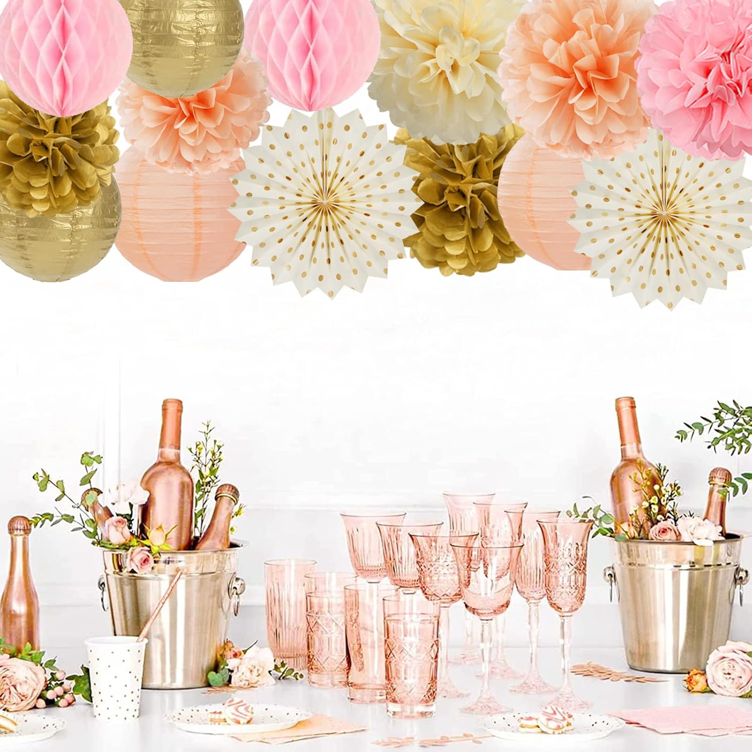 Pink Peach Gold Party Decorations - 14pcs Bridal Baby Shower Girls Birthday Paper Lanterns
