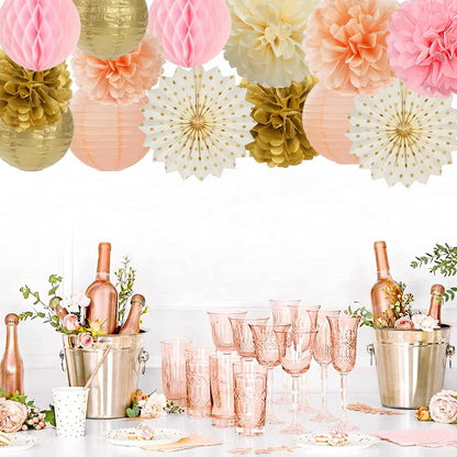 Pink Peach Gold Party Decorations - 14pcs Bridal Baby Shower Girls Birthday Paper Lanterns