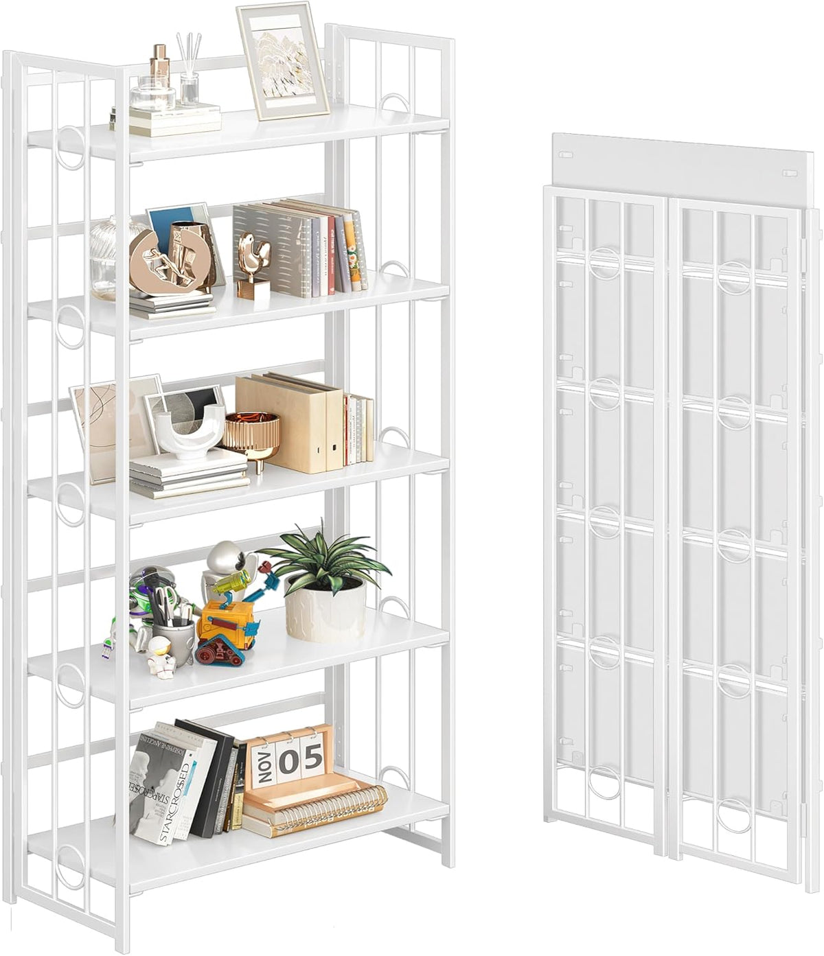 4NM No Assembly 5 Tiers Folding Bookshelf, 59.4" H Foldable Storage Shelves Vintage Bookcase