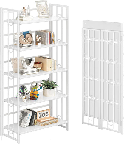 4NM No Assembly 5 Tiers Folding Bookshelf, 59.4" H Foldable Storage Shelves Vintage Bookcase
