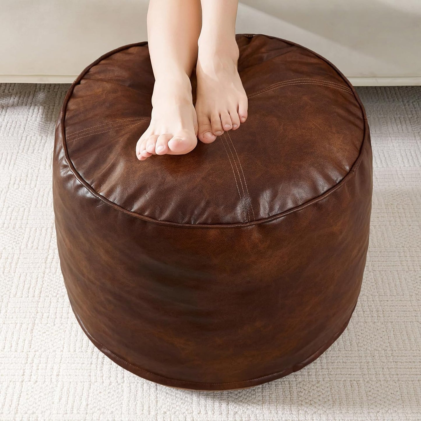 HIGOGOGO Round Stuffed Pouf Ottoman, Pu Leather Poufs with Foam Chunk Filling, Furry and Fluffy