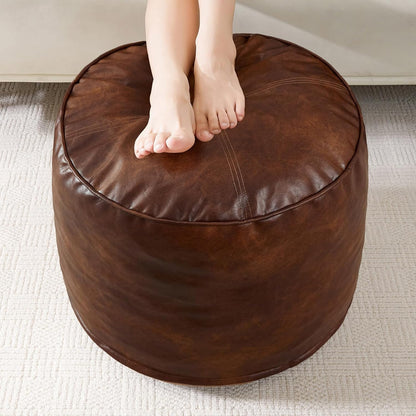 HIGOGOGO Round Stuffed Pouf Ottoman, Pu Leather Poufs with Foam Chunk Filling, Furry and Fluffy