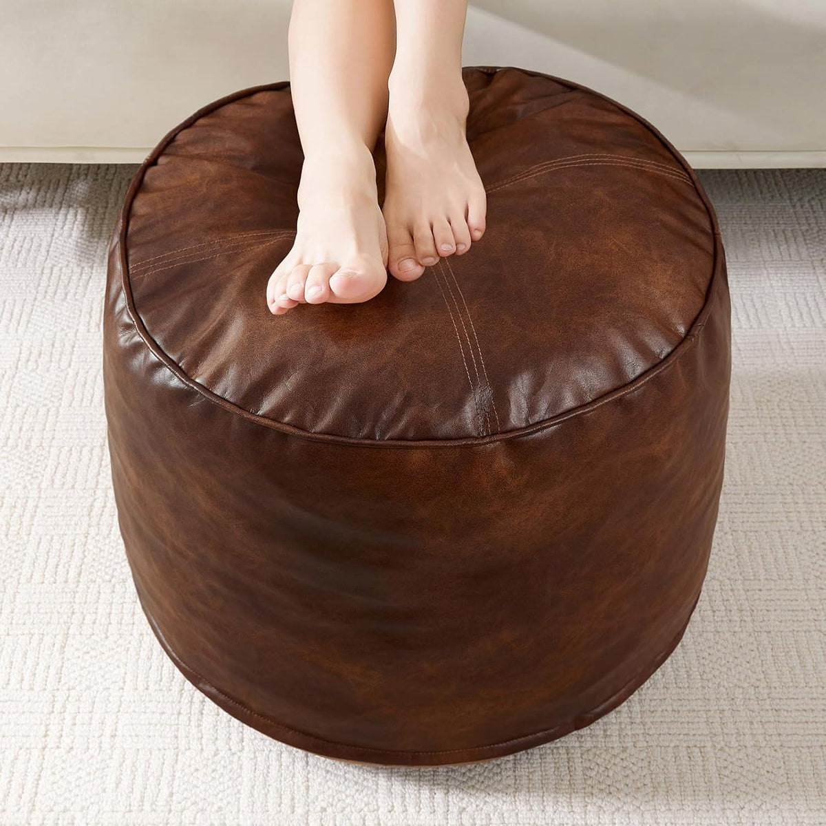 HIGOGOGO Round Stuffed Pouf Ottoman, Pu Leather Poufs with Foam Chunk Filling, Furry and Fluffy
