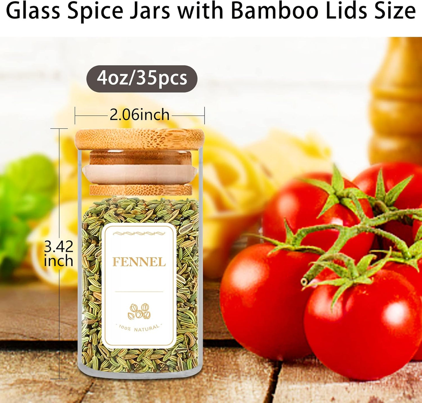 Spice Jars with Labels, 35 Pcs 4 oz Glass Spice Jars with Bamboo Lids, Minimalist Stackable