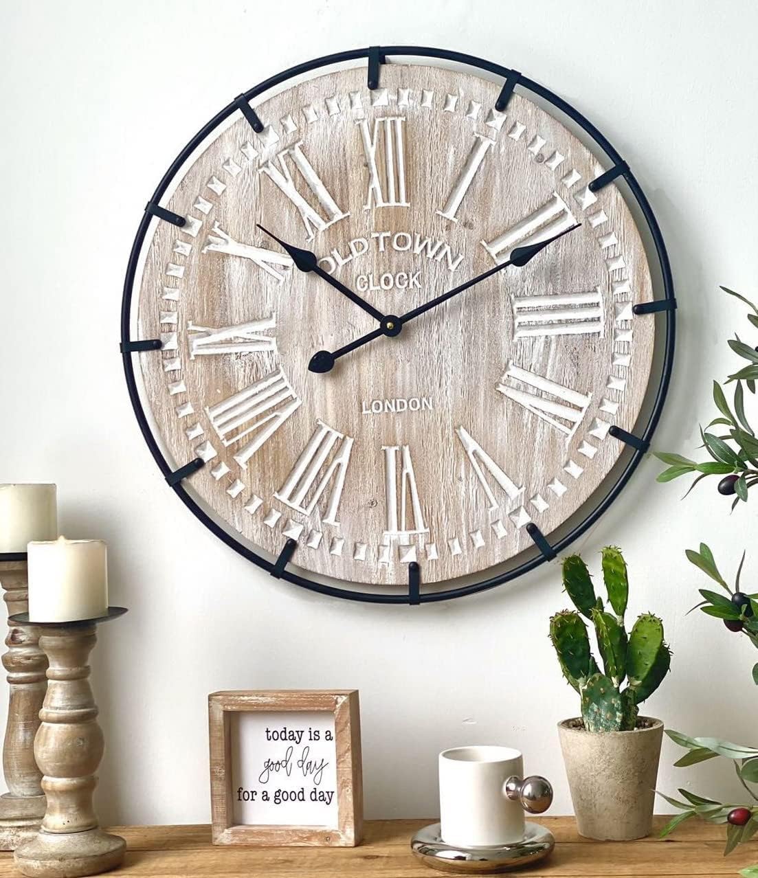 24 Inch Large Farmhouse Wall Clock, Rustic Antique Wood with Metal Circle and Large Engraved