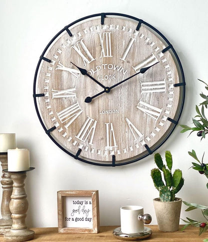 24 Inch Large Farmhouse Wall Clock, Rustic Antique Wood with Metal Circle and Large Engraved