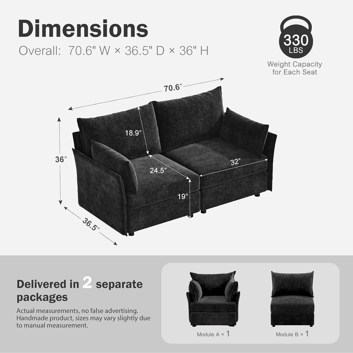 Oversized Loveseat Sofa, Modern Modular Sectional Couch Black Fluffy Chenille Mid Century 2-Seat