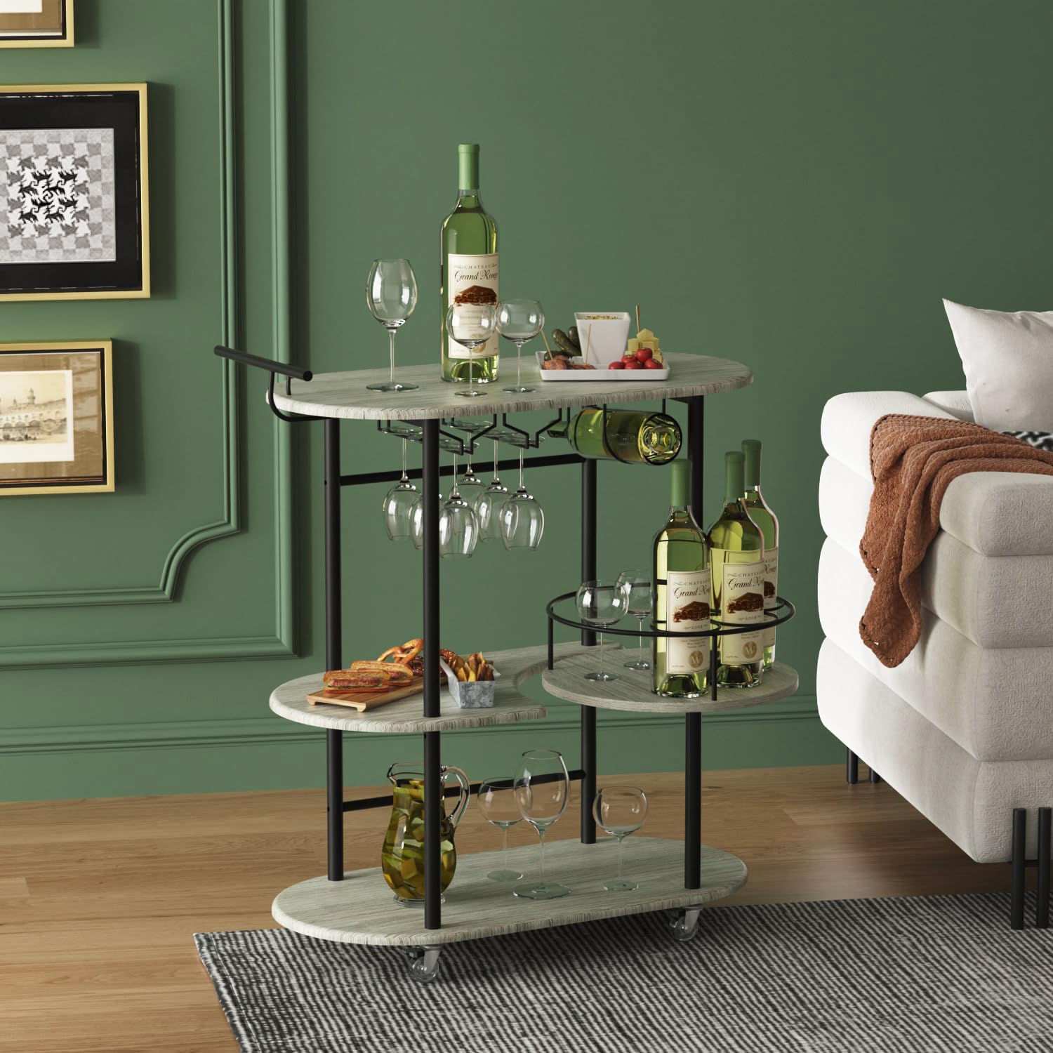 Light Gray Bar Carts with 4-Tier Storage Shelves, Mobile Bar Serving Cart with Wine Rack and Glass