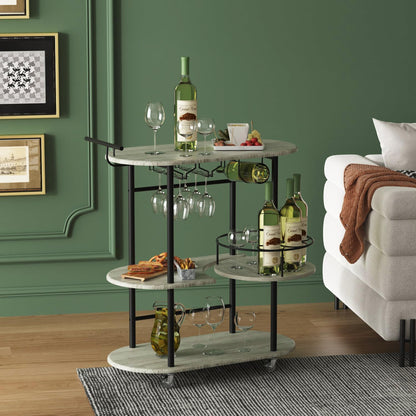 Light Gray Bar Carts with 4-Tier Storage Shelves, Mobile Bar Serving Cart with Wine Rack and Glass