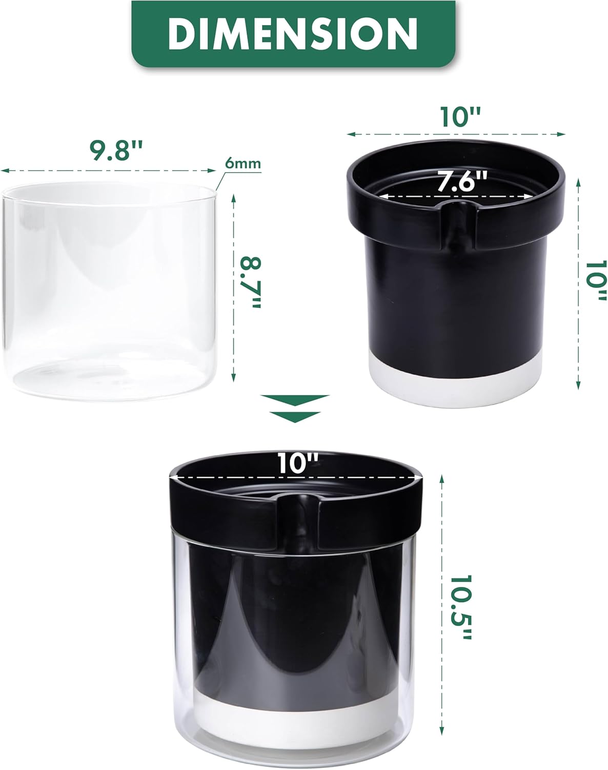 Phoenix Vine 10 Inch Self Watering Terracotta Planter, Black Terracotta Clay Pot with Glass