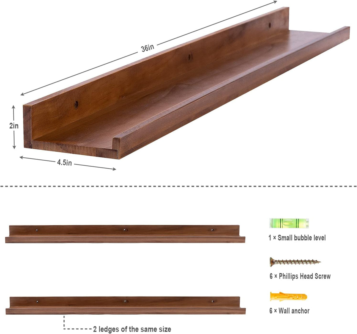 AZSKY Light Walnut Color Wood Wall Floating Shelves for Wall 36 Inch Bookshelf Wall Mount Picture
