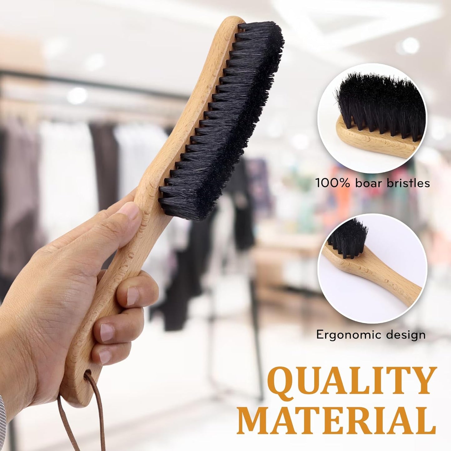 TAKAVU Clothes Brush Hat Brush, Black Boar Bristle Lint Brush with Large Beech Wood Handle