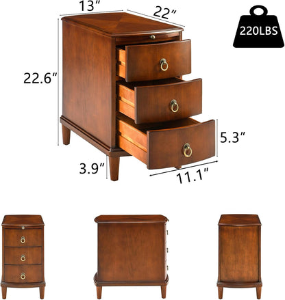 Set of 2 Solid Wood End Table with 3 Drawers, Fully Assembled Nightstand with Sliding Shelf