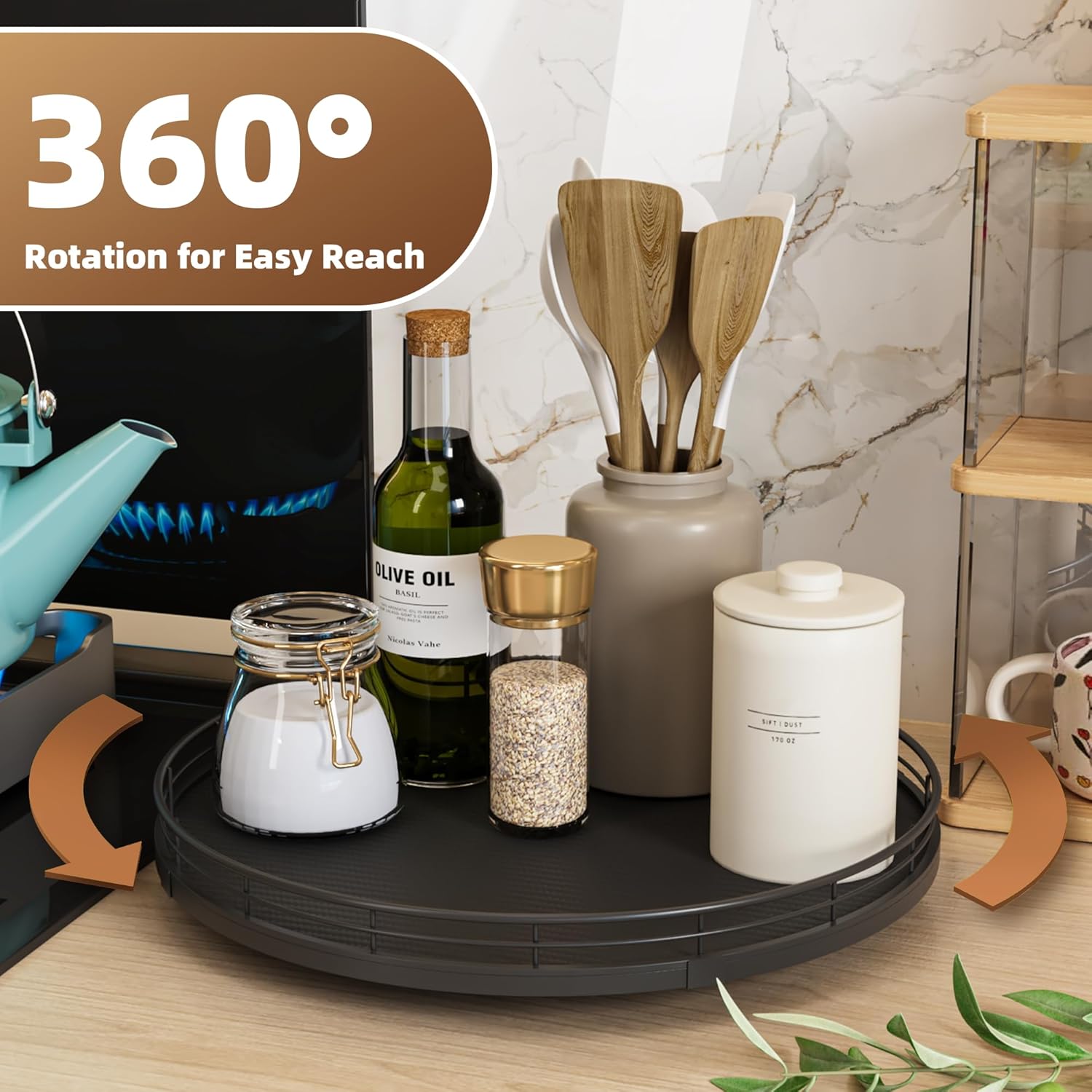13" Lazy Susan Turntable Organizer for Table Top, Round Wooden Lazy Susan for Cabinet Kitchen Decor