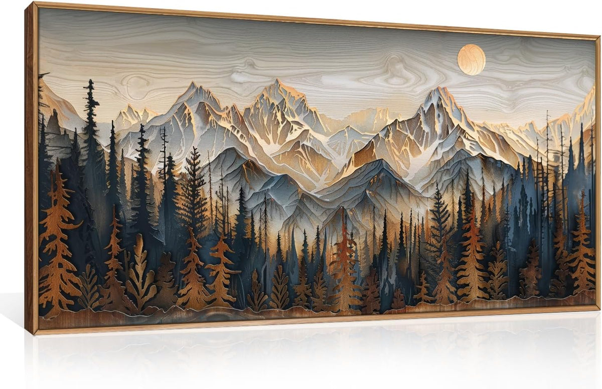 Celestdeco Wood Mountain Framed Canvas Wall Art Set, Pine Trees Wall Painting, Ridge Scenery Wall