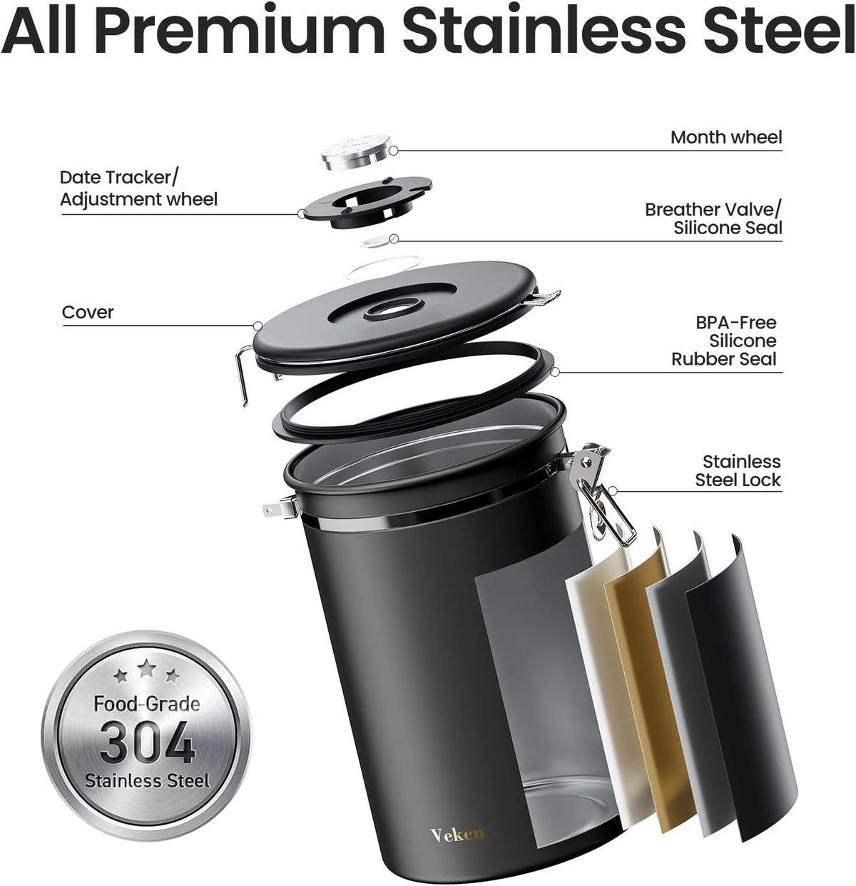 Veken Coffee Canister, 39OZ Large, Airtight Stainless Steel Food Storage Container for 2.2lbs