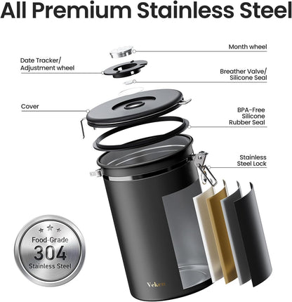 Veken Coffee Canister, 39OZ Large, Airtight Stainless Steel Food Storage Container for 2.2lbs