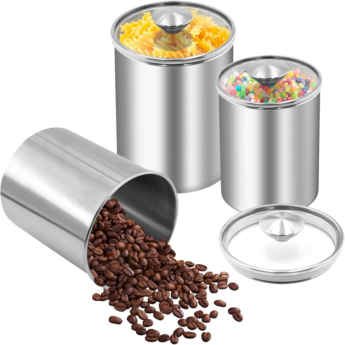 ENLOY Stainless Steel Food Storage Container Set of 3, 88/61/29 oz with Clear Glass Lids - Ideal