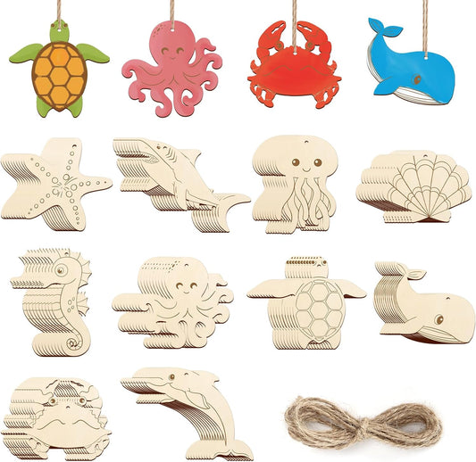 80PCS Wooden Sea Ornaments to Paint, 10 Styles DIY Blank Unfinished Wood Ocean Whale Seahorse
