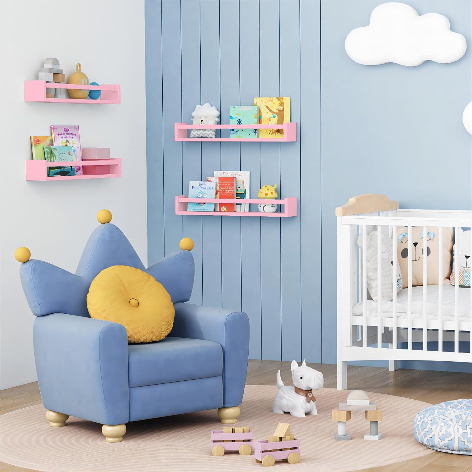 Forbena Large Pink Kids Book Shelves for Girls Room Wall Set of 4, Floating Nursery Book Shelf for