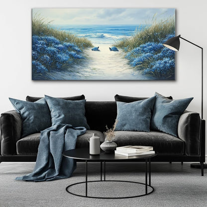 LASMOND Romantic Beach Wall Art for Living Room Blue Sea Turtle Lovers Canvas Painting Prints Ocean