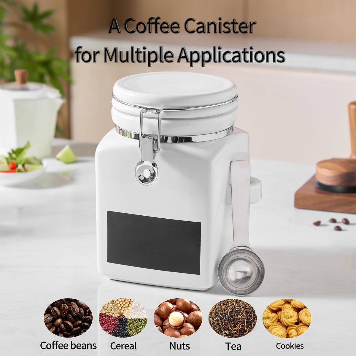 Ceramic Coffee Canister with Airtight Lid and Scoop, Large 78 Fl Oz / 2.3 L Kitchen Food Storage