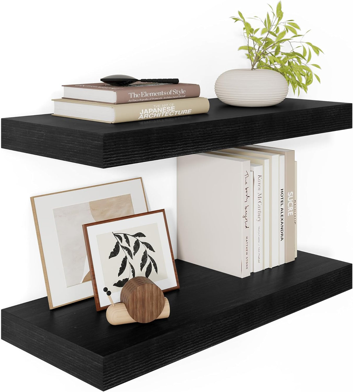 Black Floating Shelves for Wall 24 Inches Long, 12" Deep Wall Shelves 2" Thick, Heavy Duty Shelf