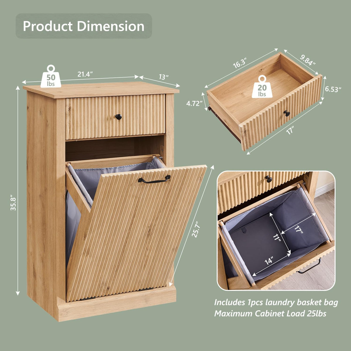 Modern Tilt-Out Trash Can Cabinet, 10 Gallon Fluted Laundry Hamper Cabinet with Drawers, Wooden