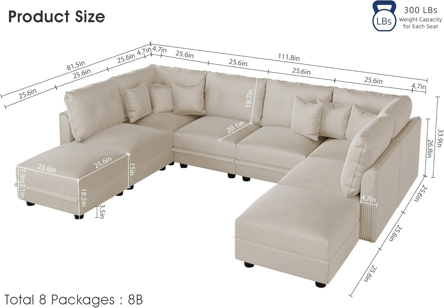 LLappuil Modular Sectional Sofa with Storage Seats, Corduroy Convertible Modular U Shaped Sectional