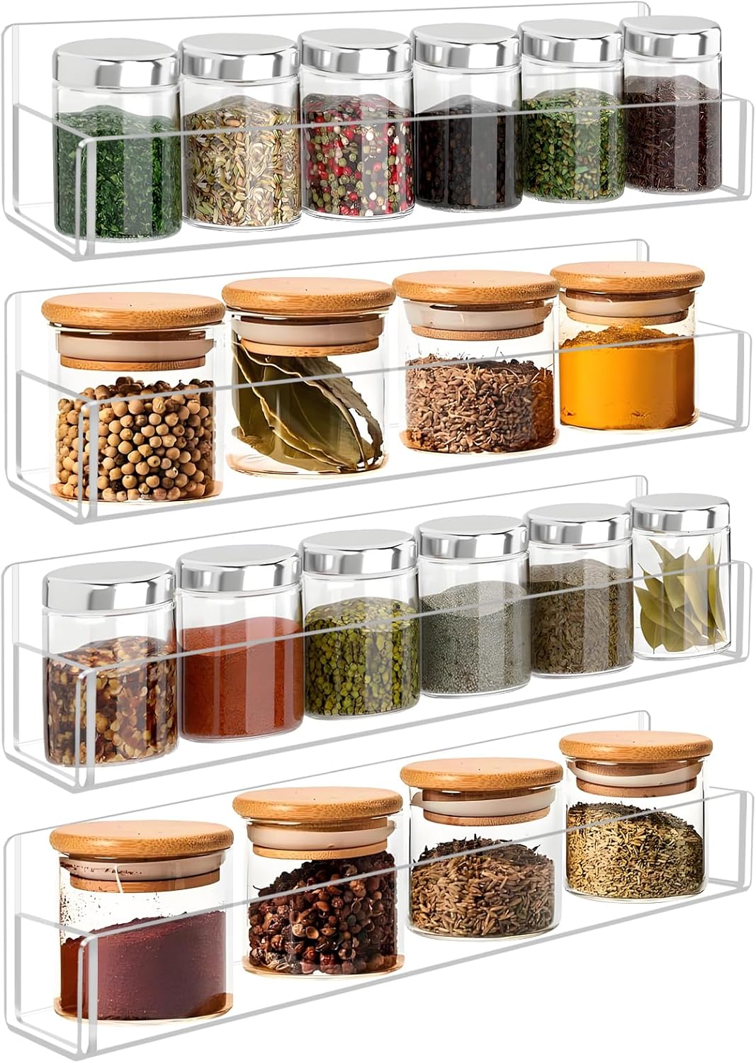Acrylic Spice Rack Wall Mount-12 Inch, Clear Spice Shelf Storage Holder, 4 Pack Hanging Seasoning