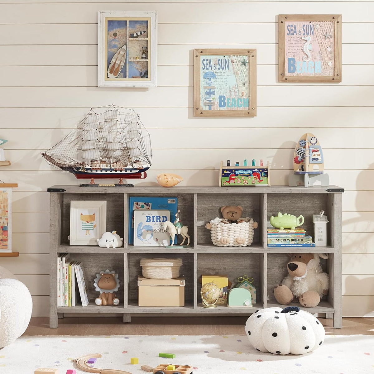 8 Cube Book Shelf, Farmhouse Wood Long Storage Organizer Bookcase, 62" Horizontal Grey Oak Console